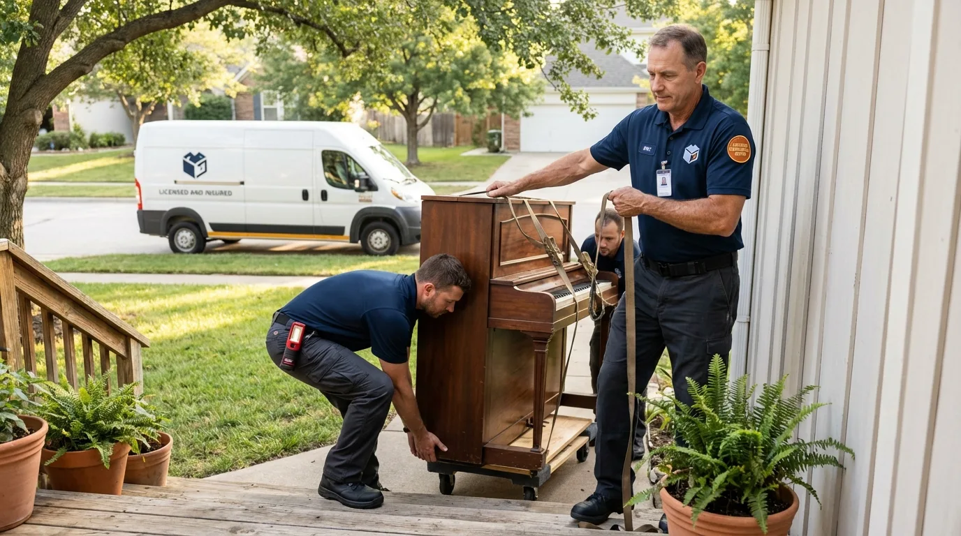 Licensed piano movers securing grand piano in Mays Landing, NJ