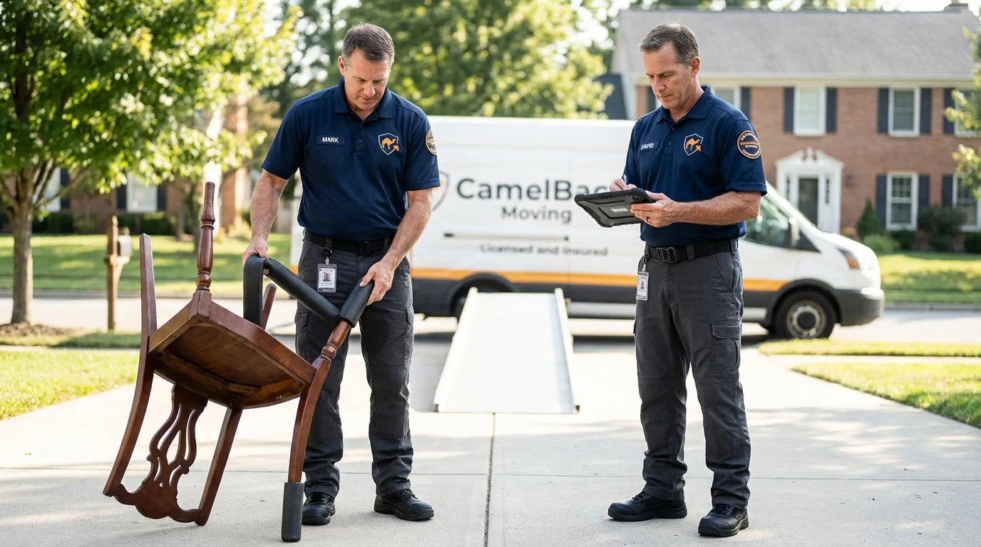 Movers inspecting furniture for damage prevention before loading in Mays Landing, NJ