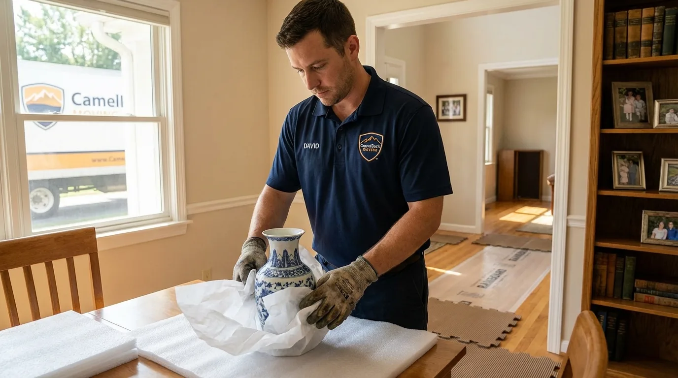 Professional crew carefully wrapping antique vase for senior downsizing move in Mays Landing, NJ